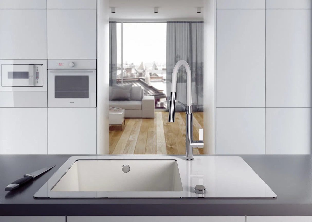 Deante BGB_W720 Kitchen Tap, with Elastic Spout - 2 Stream Types (White and Crome)