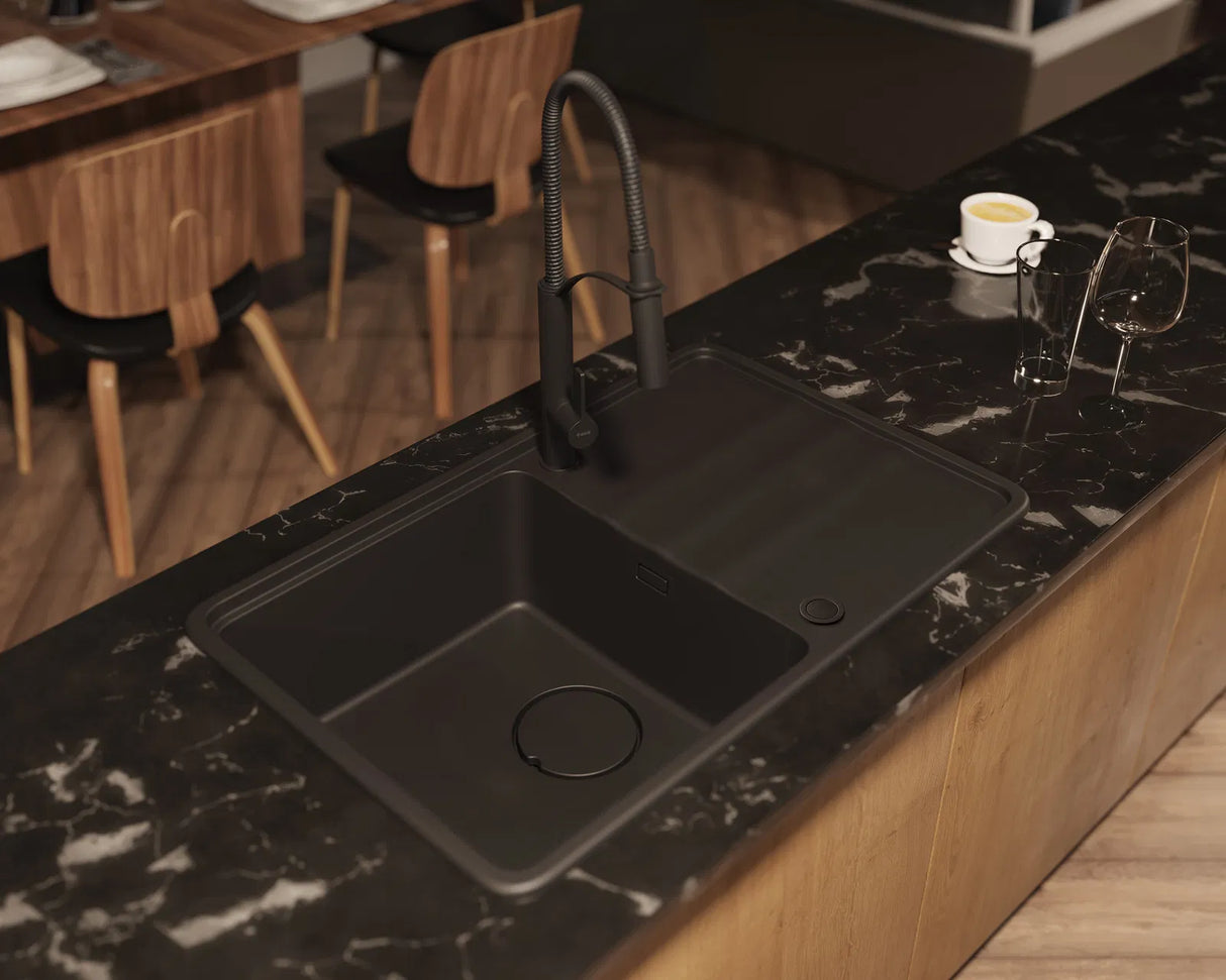 Deante ZKM_N113 Momi Undermount Granite Sink, 1-Bowl with Drainer (Nero)