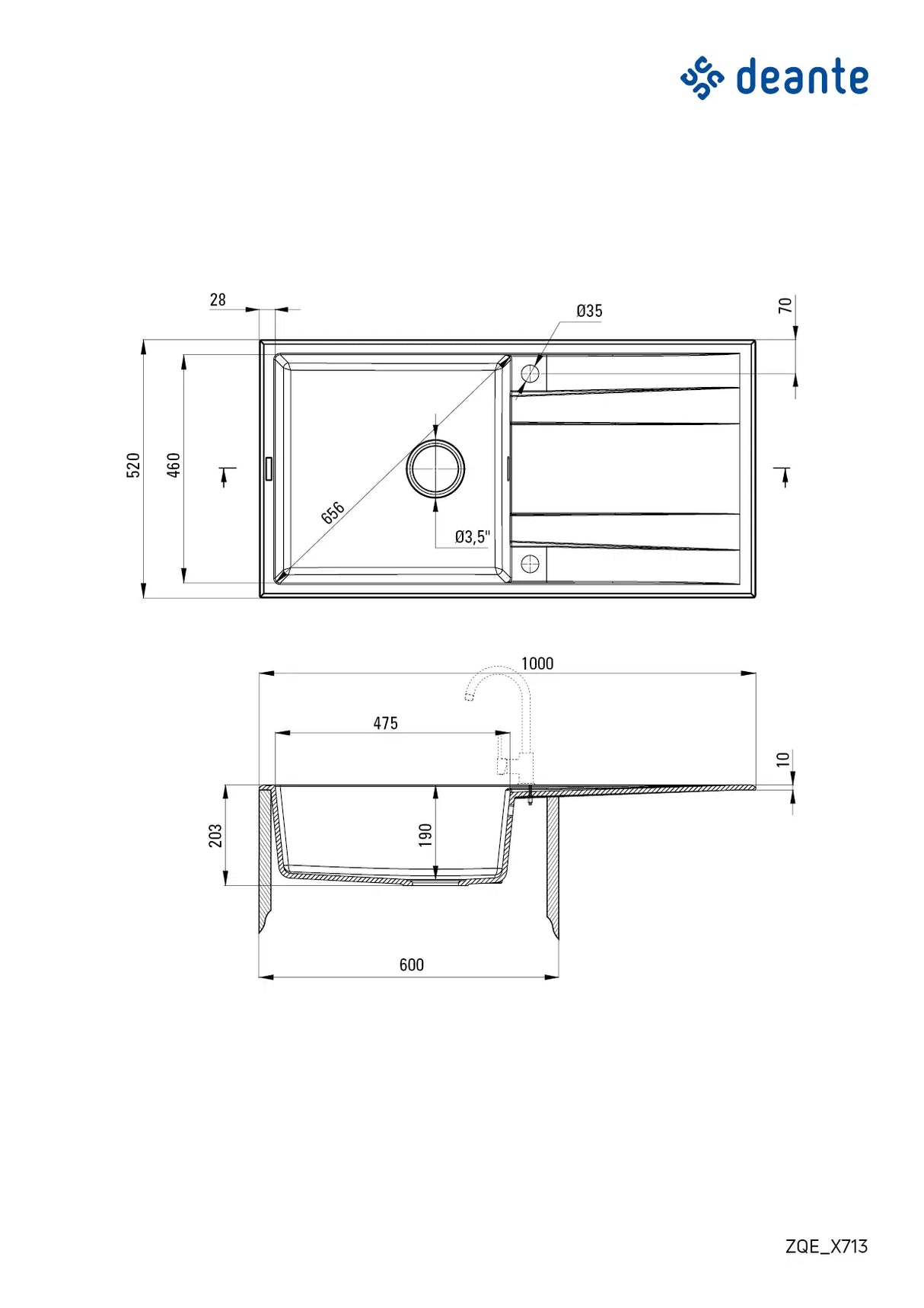 Deante ZQE_N713 Eridan Inset Granite Sink, 1-Bowl with Drainer (Nero)