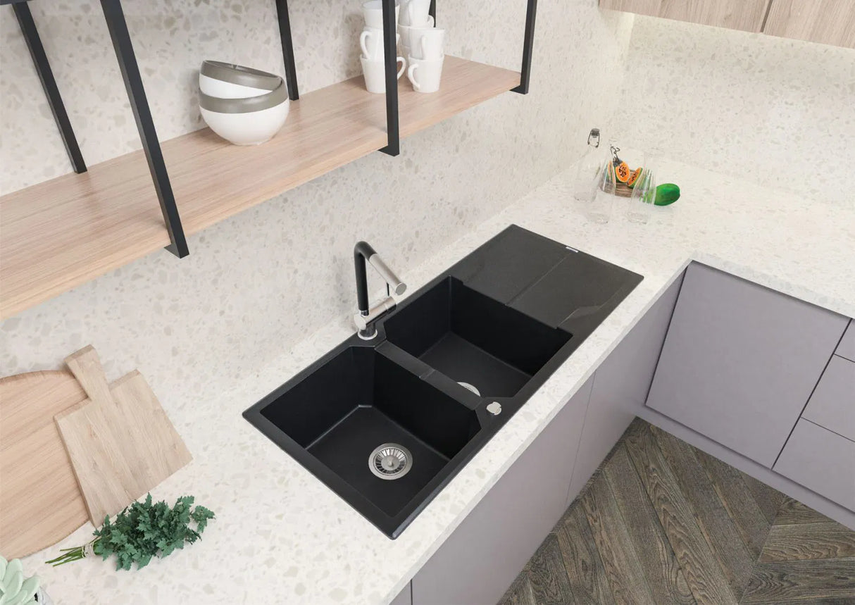 Deante ZQN_N213 Andante Inset Granite Sink, 2-Bowl with Drainer (Nero)