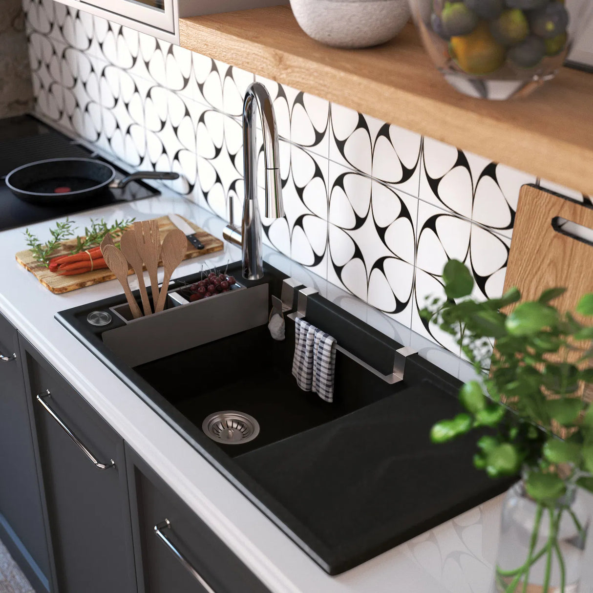 Deante ZRM_N113 Magnetic Inset Granite Sink, 1-Bowl with Drainer (Nero)