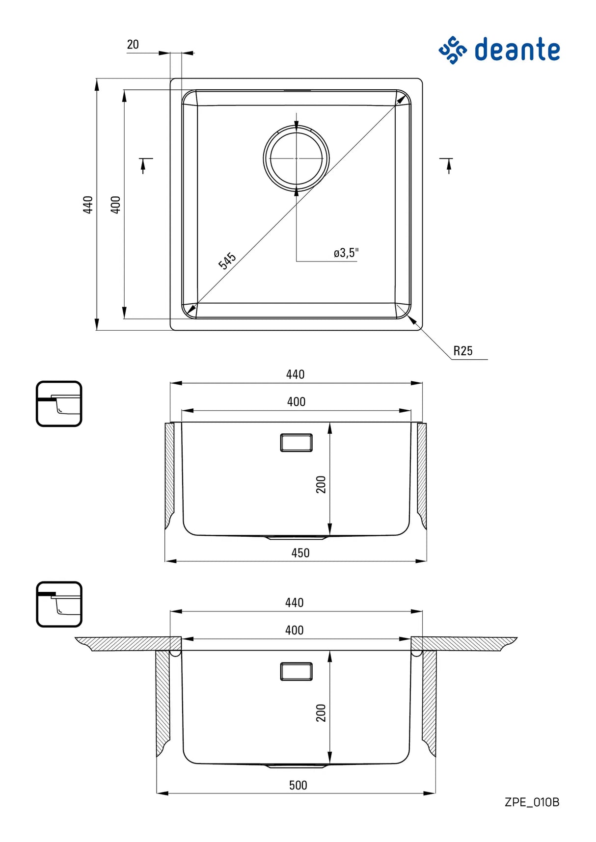 Deante ZPE_010B Egeria Overmount or Undermount Sink, 1-Bowl (Brushed Steel)