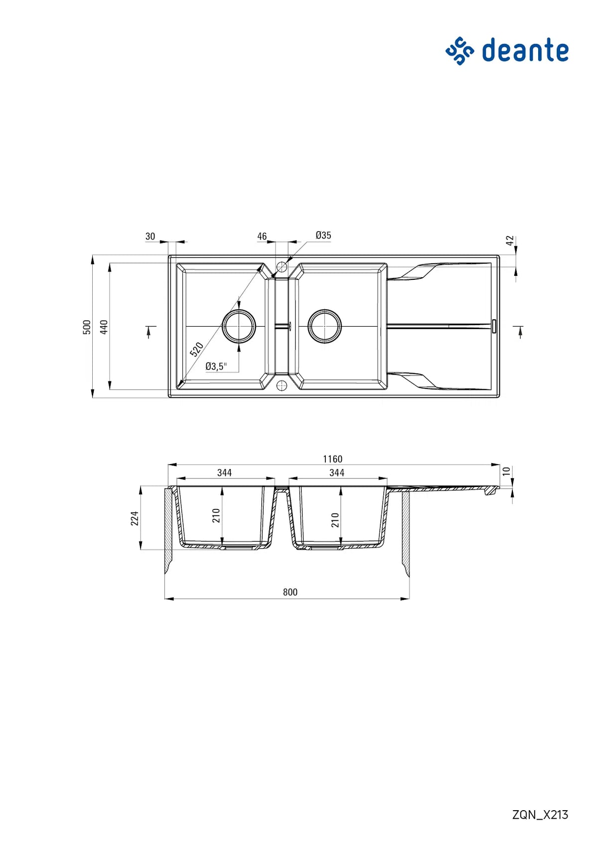 Deante ZQN_A213 Andante Inset Granite Sink, 2-bowl with Drainer (White)