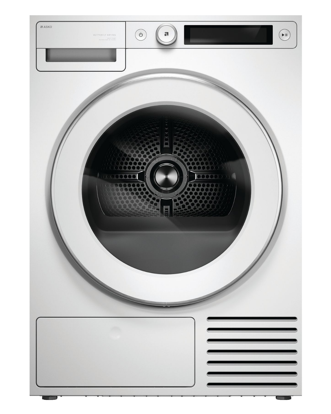 ASKO T509HRW 9kg white heat pump tumble dryer, straight-on front view, door closed